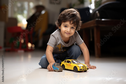 Indian small kid playing with toy car at home, happy expressions