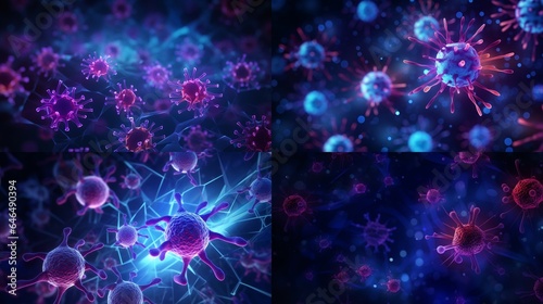Bacilli bacteria and flu virus cells under a microscope are displayed on a futuristic glowing low polygonal abstract background in dark blue and purple. Epidemy idea. A wireframe design in vector form