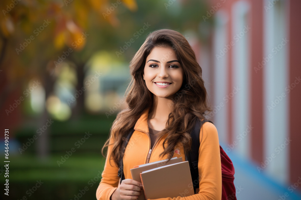 Indian female college student or university girl student with books and bag Indian female college student or university girl student with books and bag