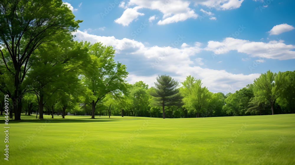 Obraz premium A wide, green park under a bright blue sky filled with fluffy clouds. Perfect for outdoor, nature, and relaxation themes, highlighting the beauty of sunny days and green spaces.
