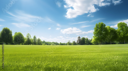 Radiant Manicured Lawn Amidst Lush Trees on Sunny Day, Tranquil Spring Ambiance. 