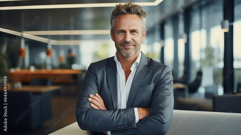 Middle-aged business leader CEO smiling in a modern office. Middle-aged business leader CEO smiling in a modern office.