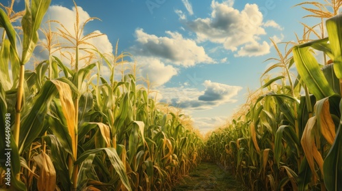 Corn field in sunlight. Agriculture and corn growing.