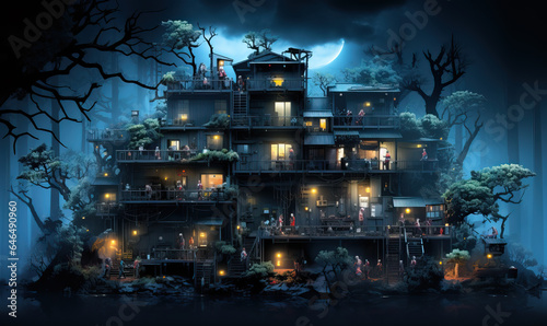 Abstract multi-level house with people at dusk.