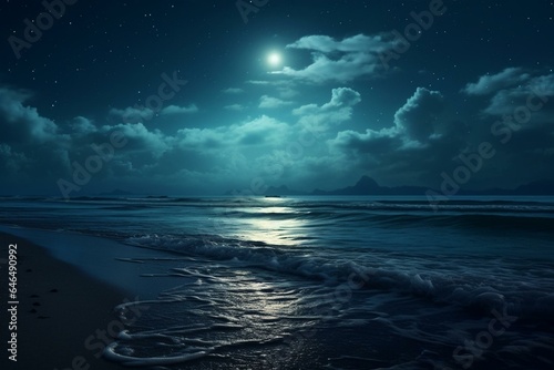 Nighttime ocean view with rising full moon. Generative AI © Steven
