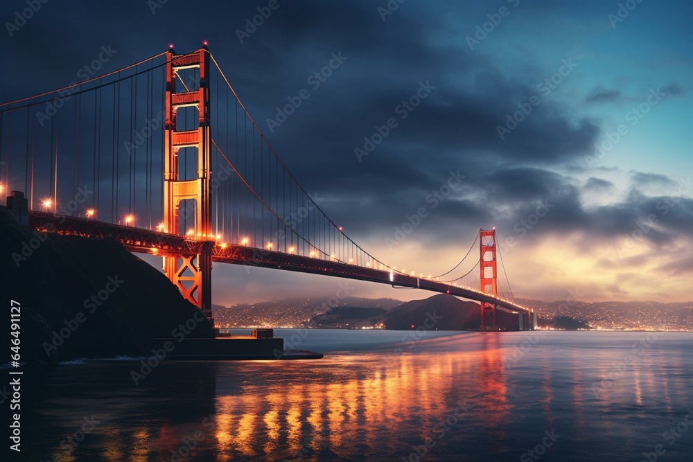Iconic San Francisco landmark connecting city with shining bridge. Generative AI