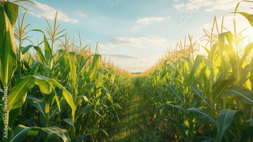 Corn field in sunlight. Agriculture and corn growing.