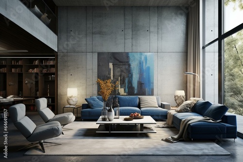 Modern apartment with gray sofa, blue armchairs, concrete wall, loft. Stylish home design. Generative AI © Silas