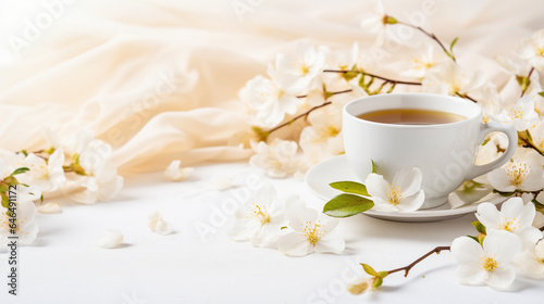 Cup of tea with jasmine flowers on a white background © Anna