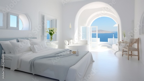 Bedroom sea view, White Bedroom interior Santorini style on sea view background, Generative AI