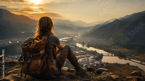 woman backpack sitting relaxation looking sunlight mountains, enjoying freedom journey success, scenery, trip nature travel, landscape hike adventure sky view beauty, summer hiker vacation holiday.