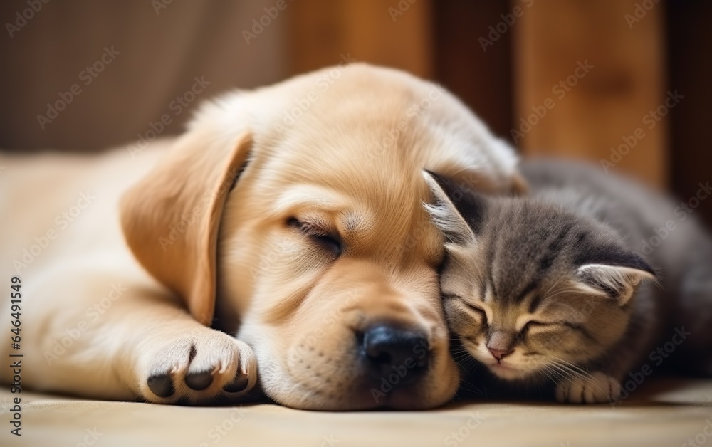 Adorable puppy and kitten lying together in a loving. AI, Generative AI Adorable puppy and kitten lying together in a loving. AI, Generative AI