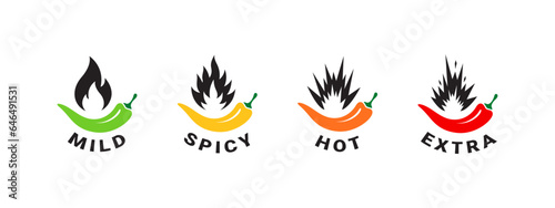 Spicy level icons. Food spiciness indicator. Spicy badges types. Vector scalable graphics