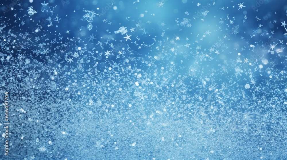 Background of blue and silver frozen snow, winter, ice cold, sparkle stars, and glitter. Abstract holiday, Christmas, and New Year texture
