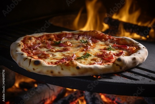 Closeup of a pizza cooked in a wood-fired oven. Generative AI