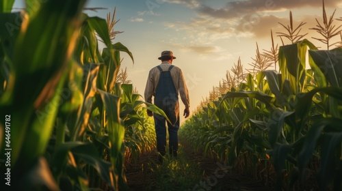 Farmer standing in his cornfield at sunset. Corn field in sunlight