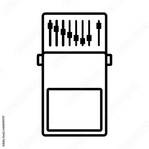 Audio studio flat icon logo. Guitar stomp box effect. Reverb distortion overdrive delay effect. Analog electric guitar effects. Volume level knob volume control.  Equalizer volume level slider knob.