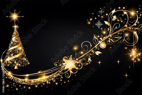 Merry Christmas decorations and happy new year background with copy space. Golden sparkling stars on black background. Elegant Christmas background