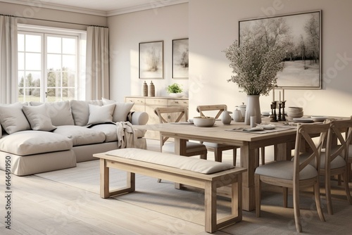 Contemporary farmhouse living and dining room in white and beige tones with fabric sofa, table, chairs, and decors. Generative AI