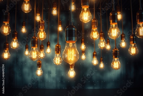 Many light bulbs hanging decor glowing on dark background.