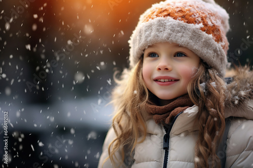 A Young Girl Watches in Wonder at the First Snowfall of the Season, Her Face Aglow with Enchantment, Capturing the Natural Beauty and Innocence of Childhood in Winter. created with Generative AI