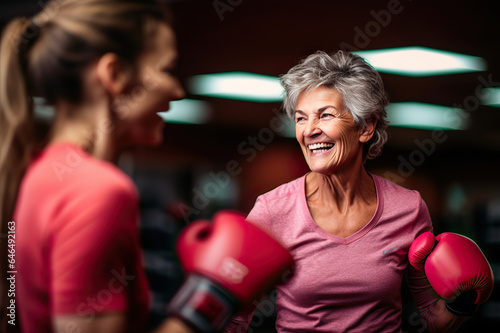 Age-Defying Strength A Senior Woman Boxer  Showcasing Vitality and Resilience  Engages in Training with Her Coach  Confidently Breaking Stereotypes Through Active Exercise. created with Generative AI