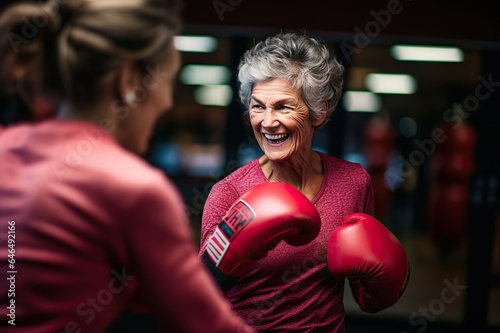 Age-Defying Strength A Senior Woman Boxer, Showcasing Vitality and Resilience, Engages in Training with Her Coach, Confidently Breaking Stereotypes Through Active Exercise. created with Generative AI © photobuay