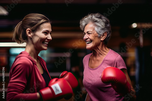 Age-Defying Strength A Senior Woman Boxer, Showcasing Vitality and Resilience, Engages in Training with Her Coach, Confidently Breaking Stereotypes Through Active Exercise. created with Generative AI