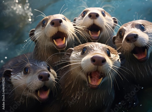 A group of otters look at the camera in a friendly way