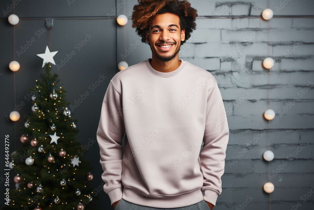 Portrait happy guy posing wearing plain apricot hoodie against Christmas tree and festive lights garland background. Copy space. Xmas holiday. - obrazy, fototapety, plakaty 