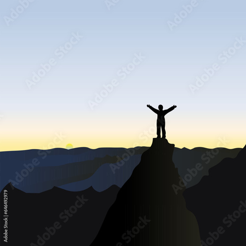 traveller or explorer standing on top of mountain or cliff and looking on valley. Concept of discovery, exploration, hiking, adventure tourism and travel. Flat vector illustration.