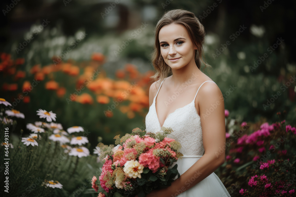 Brunette bride in a vintage garden setting, radiant smile; ideal bridal photography for wedding businesses