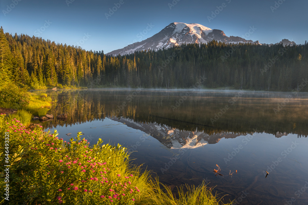 Morning over Reflection Lake in Washington state's Mount Rainier National Park