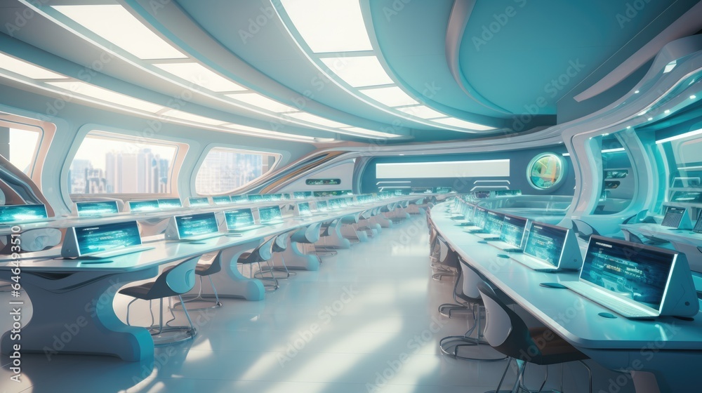 Futuristic classroom in school of the future. Classroom for classes or lectures Futuristic classroom in school of the future. Classroom for classes or lectures