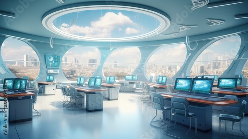 Futuristic classroom in school of the future. Classroom for classes or lectures