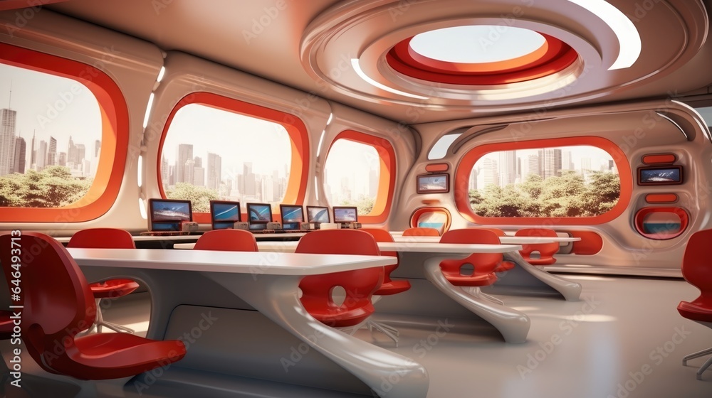Futuristic classroom in school of the future. Classroom for classes or lectures