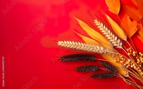 Wallpaper Mural Beautiful autumn leaves with wheat ears on color background. AI, Generative AI Torontodigital.ca