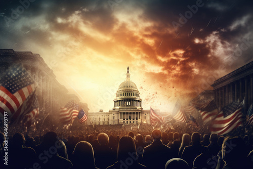  Illustration of Crowd Rioting with Flags in Front of United States Congress Building, Politics, Election, Generative AI