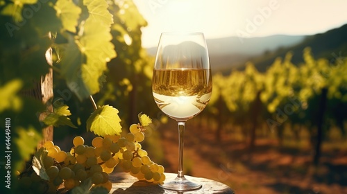 A glass of white wine against the backdrop of vineyards in the sun.