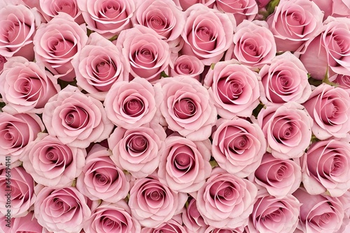 優雅なピンクのバラが織りなす鮮やかなパターン：完全に開花したバラの花びらと緑色の葉が織り成す自然の美しさを捉えたトップダウンパースペクティブの写真