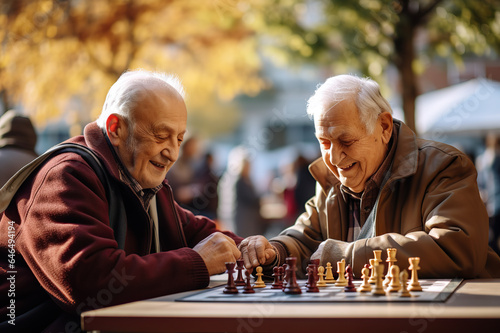 Elderly Friends Embrace Intellectual Challenge, Engaging in Outdoor Chess Game, Celebrating Senior Vitality and Lifelong Companionship. created with Generative AI