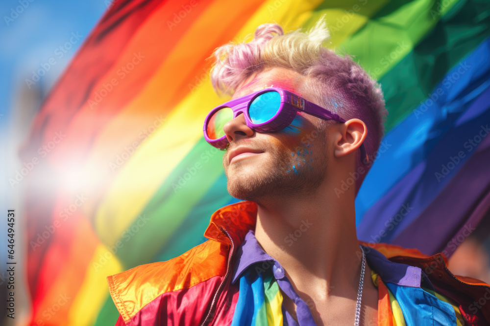 Gay Young Blonde Man Posing in Front of Gay Pride Rainbow Flag, Generative AI