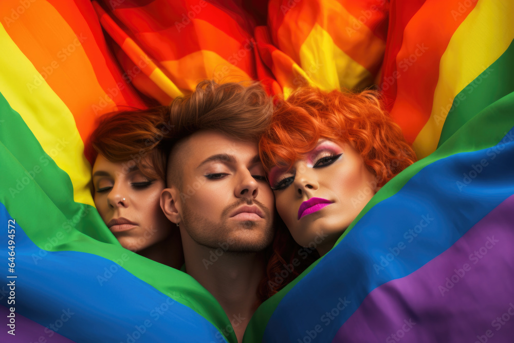 Three Gay People Wrapped in a Gay Pride Rainbow Flag, Generative AI