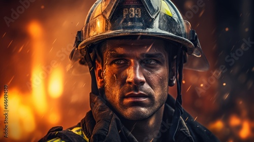 A courageous firefighter against the backdrop of a burning building.