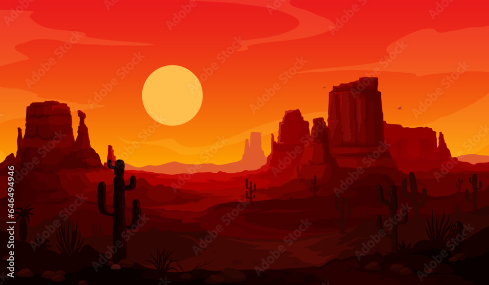 Evening sunset mexican desert landscape with cactus and flying eagle silhouettes. Vector scenic background with dramatic, vibrant red and orange colors of dusk time. Majestic arizona canyon mountains