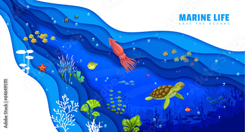 Underwater life. Cartoon tropical sea paper cut landscape, turtle and squid, fish shoal and seaweeds. 3d vector banner with bright vibrant color palette, crystal-clear water teeming with marine fauna