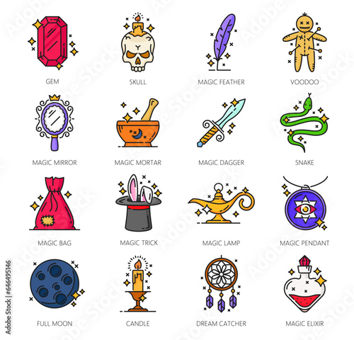 Color esoteric, witchcraft and magic icons. Mystery, astrology, Halloween and alchemy vector thin line symbols. Outline witch potion, skull and voodoo, candle, crystal, hat and bag, mirror, full moon