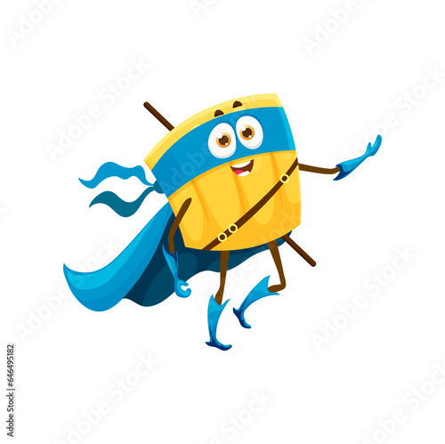 Cartoon paccheri italian pasta superhero character. Isolated vector lively macaroni food personage wear blue super hero mask and cape, ready to combat hunger with his cheesy powers and brave spirit