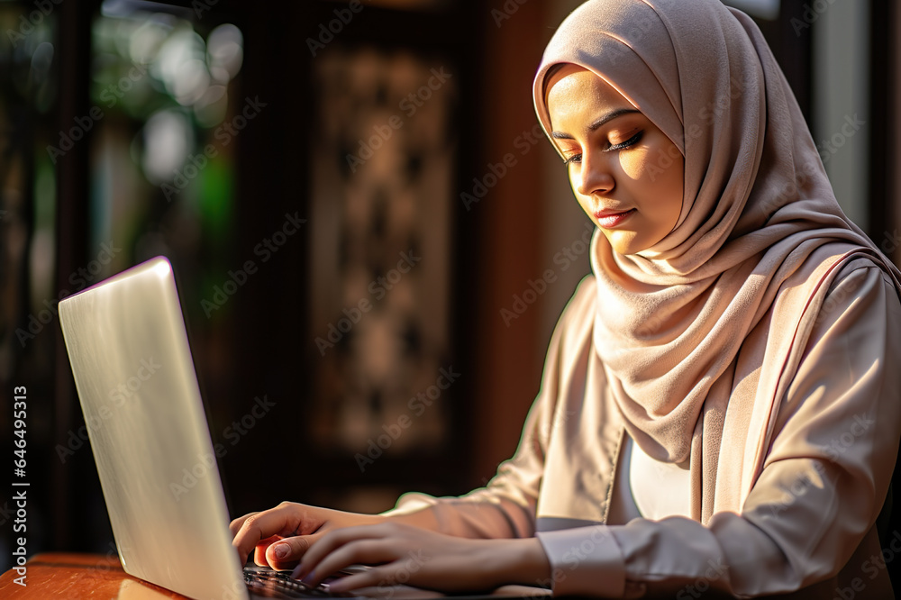 Empowered Muslim Woman Thriving in Remote Work Focused on Laptop by Sunlit Window, Exemplifying Skill and Independence. created with Generative AI Empowered Muslim Woman Thriving in Remote Work Focused on Laptop by Sunlit Window, Exemplifying Skill and Independence. created with Generative AI
