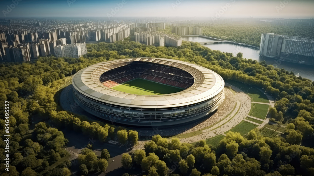 Aerial view modern soccer stadium.